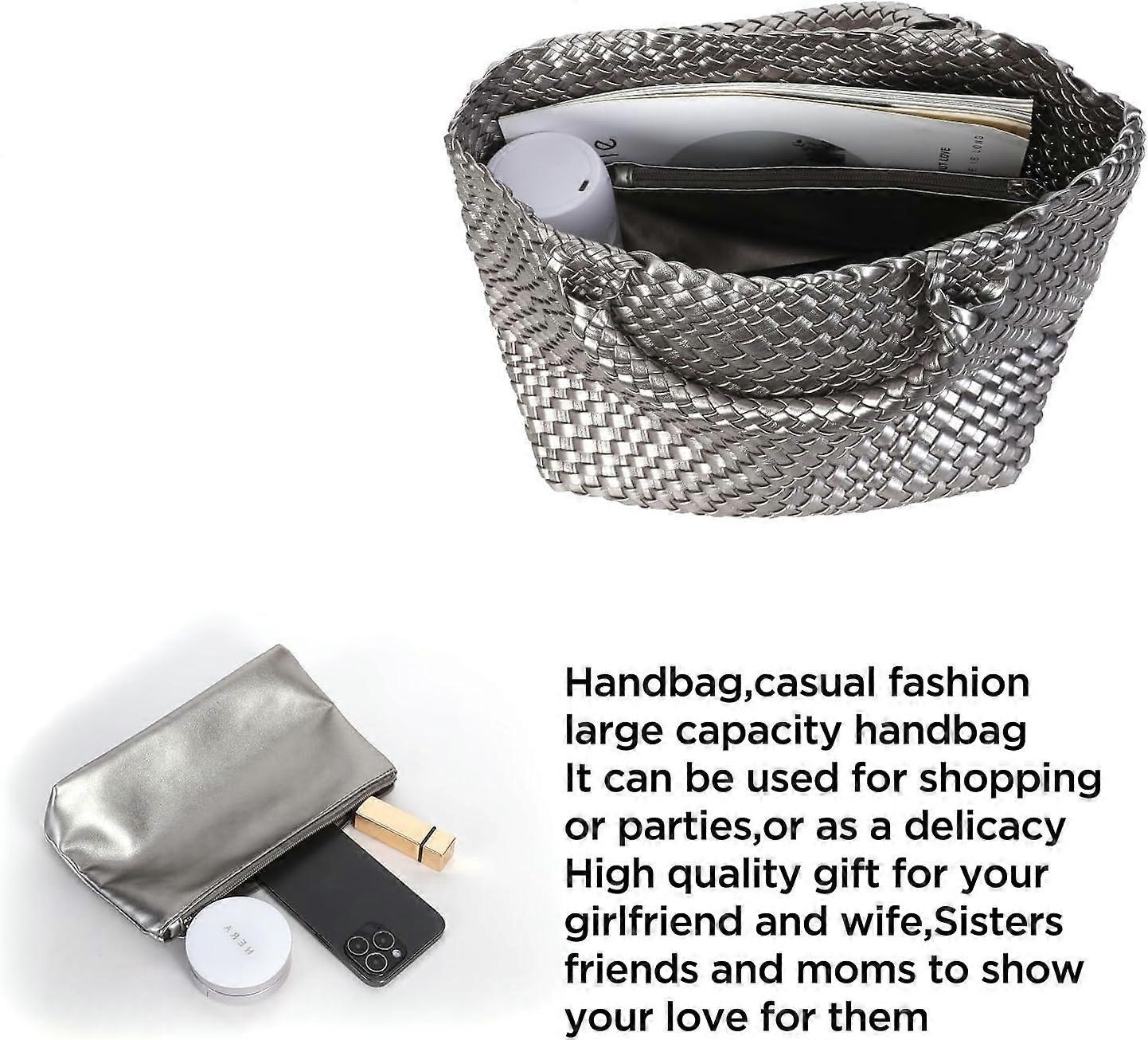 Woven Tote Bag for Women Soft Leather Handbag with Pocket - Image 4