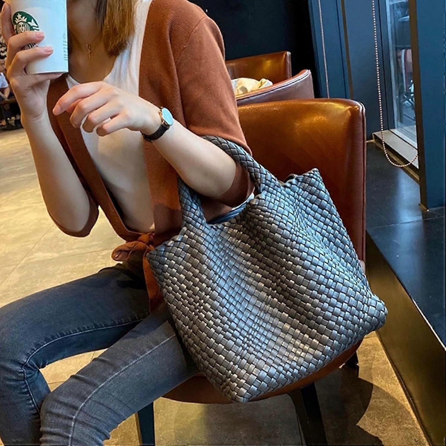 Woven Tote Bag for Women Soft Leather Handbag with Pocket - Image 5