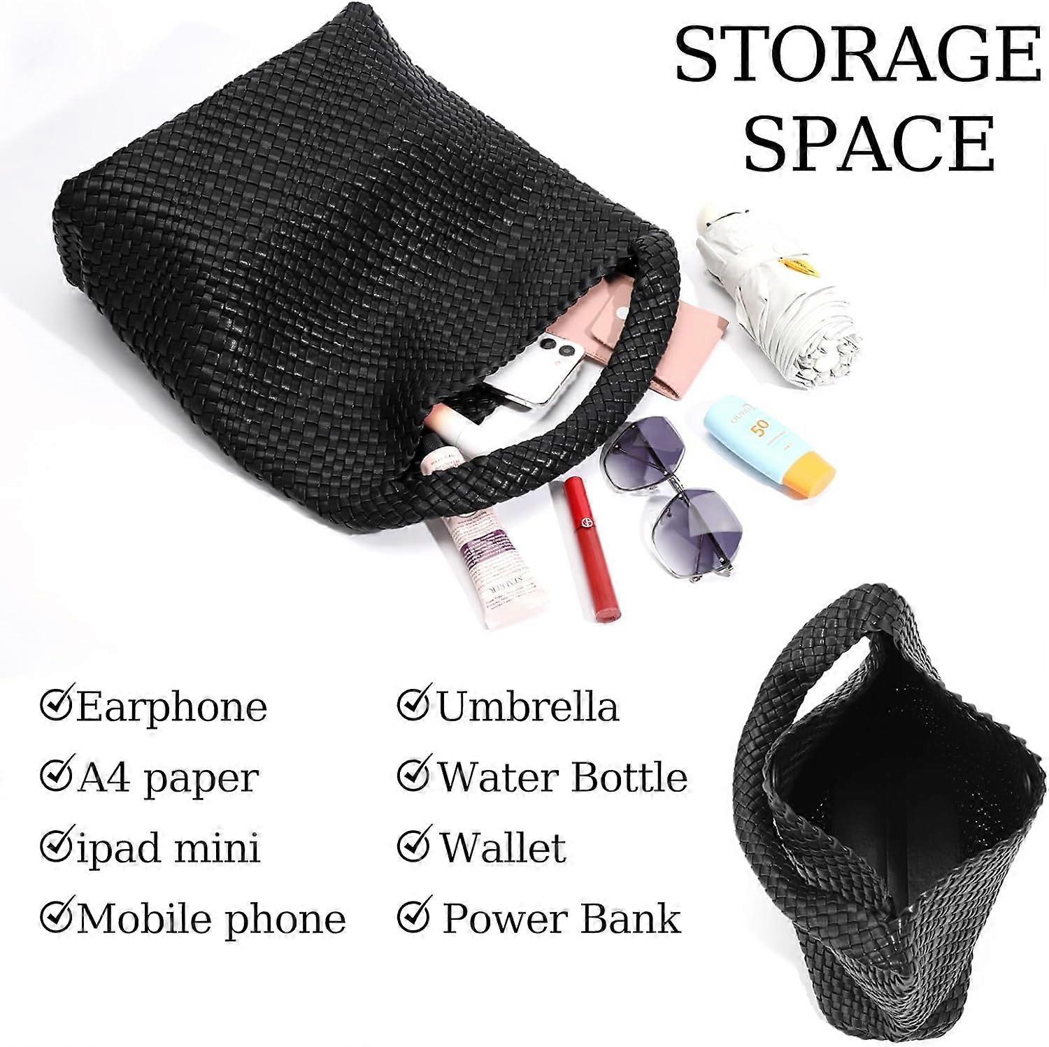 Woven Tote Bag for Women Soft Leather Handbag with Pocket - Image 3