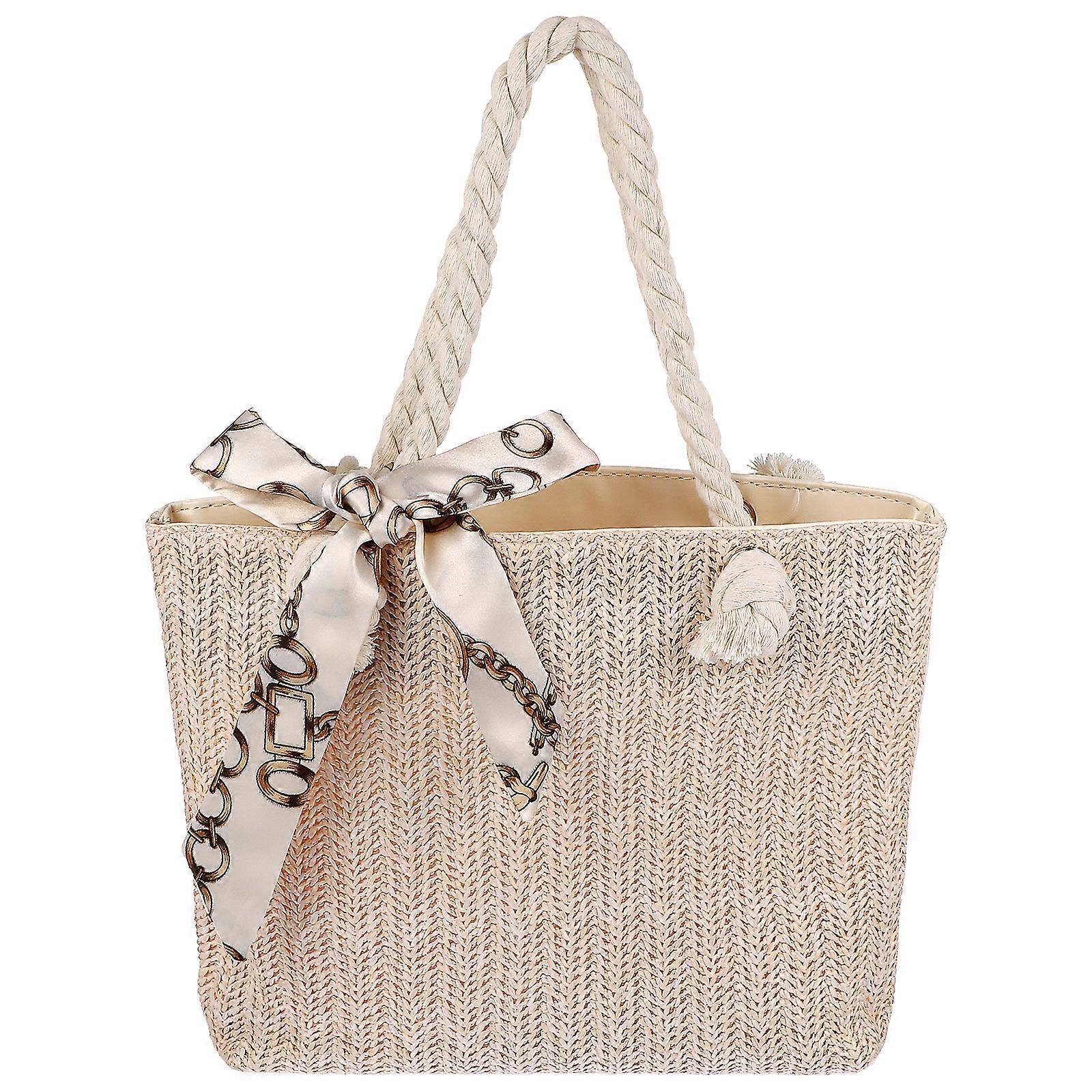 Women's Woven Tote Bag Large Beach Handbag Beige Woven Tote - Image 1
