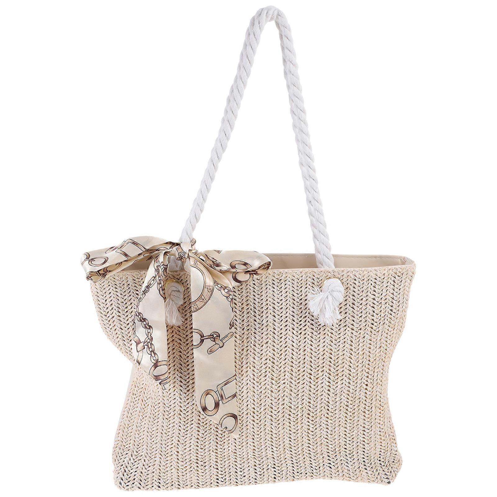 Women's Woven Tote Bag Large Beach Handbag Beige Woven Tote - Image 2