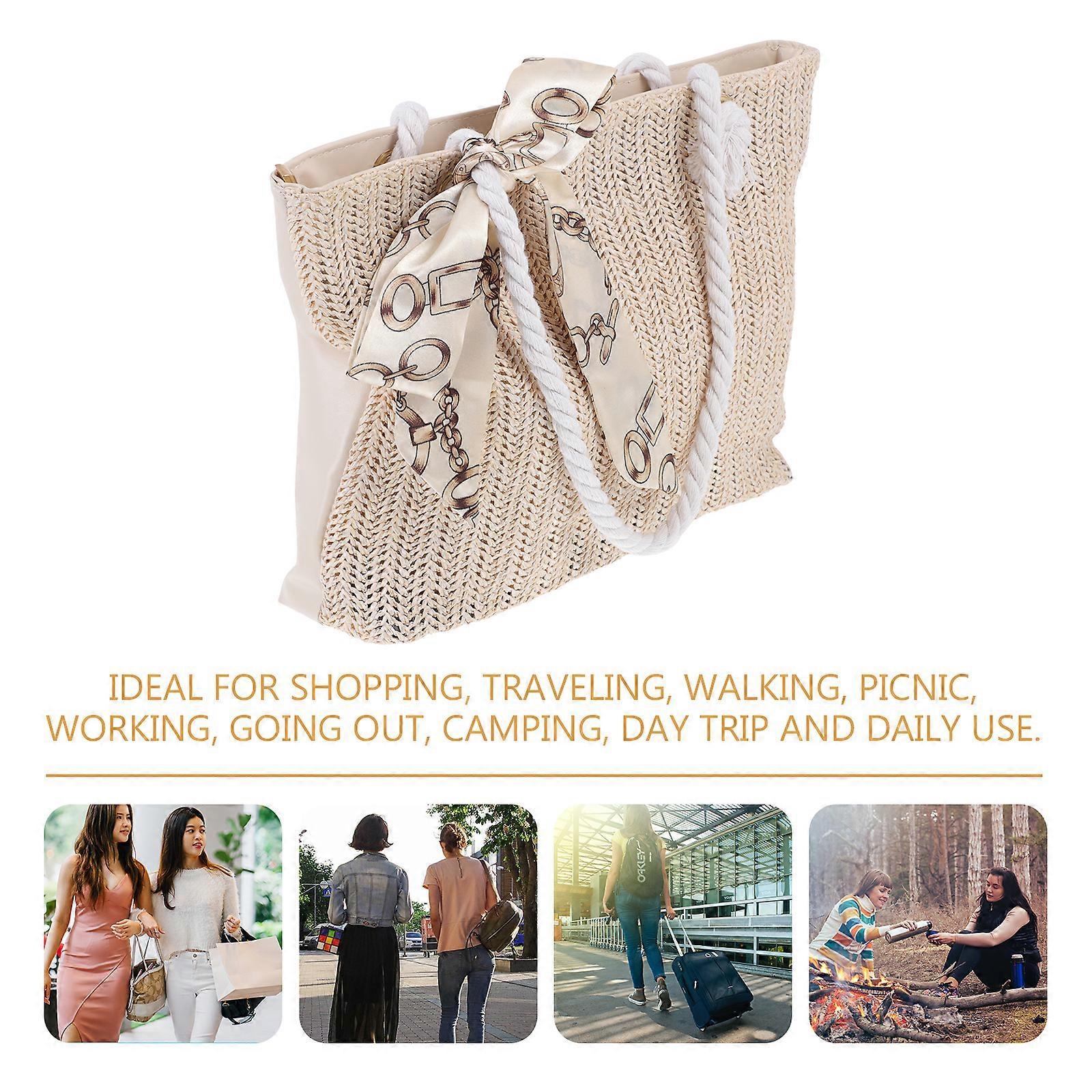 Women's Woven Tote Bag Large Beach Handbag Beige Woven Tote - Image 4
