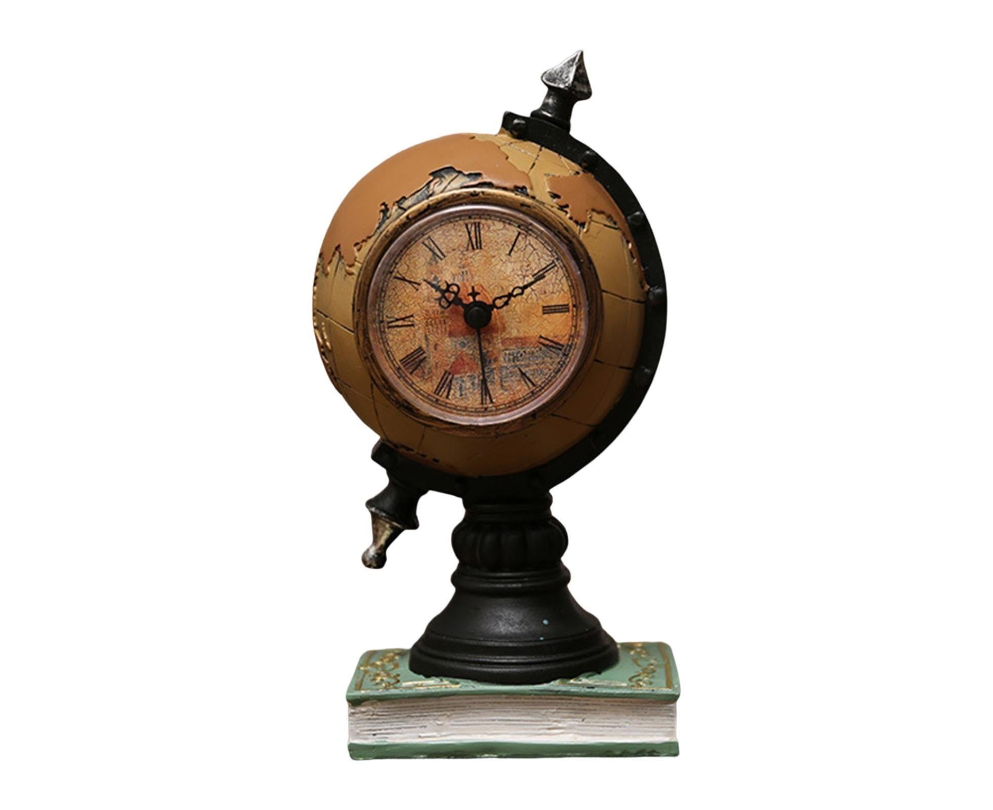 Desk Clock Multi-functional Save Change Personality Retro Resin Globe Shape Piggy Bank Ornament for Bedroom - Brown - Image 1