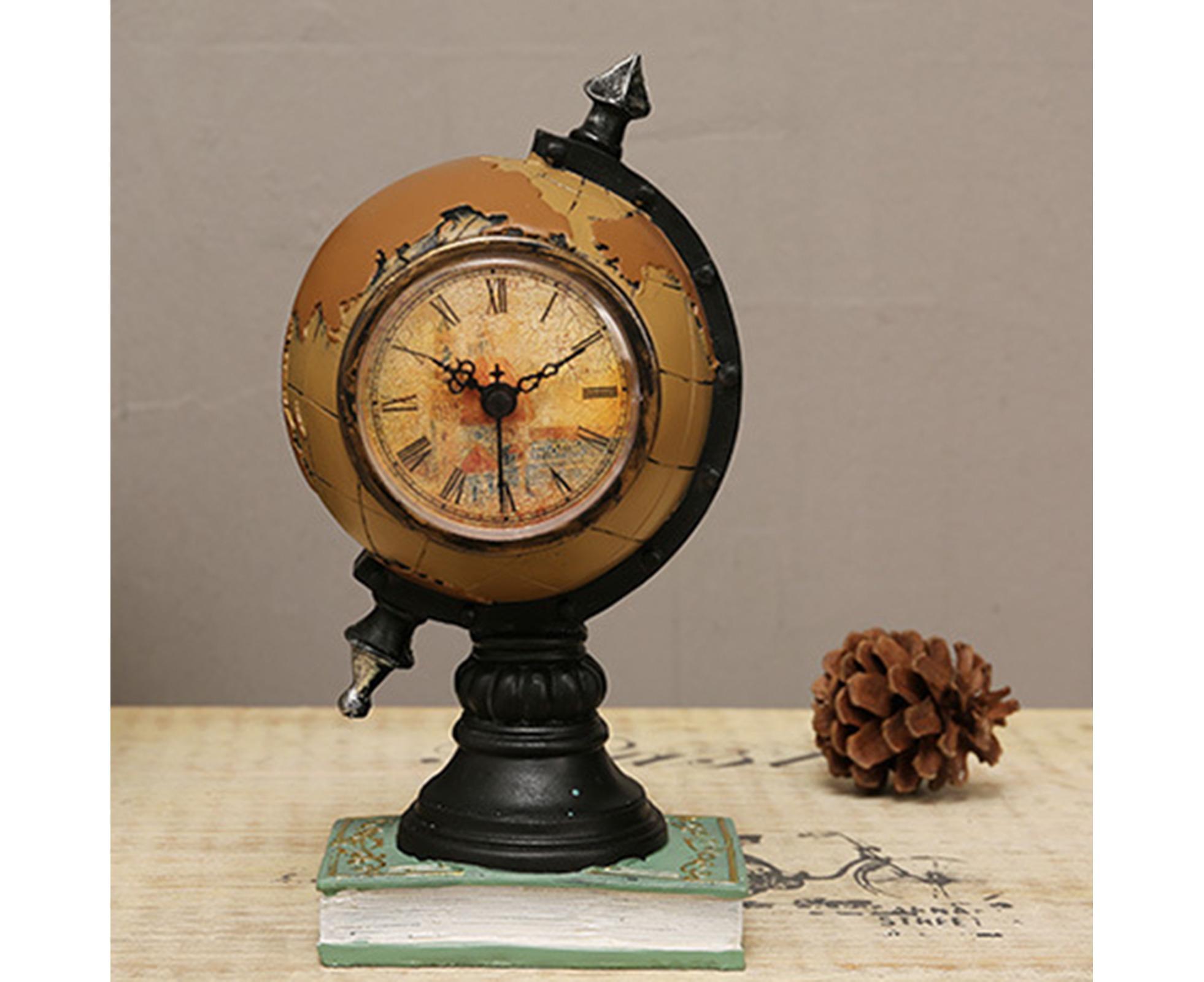 Desk Clock Multi-functional Save Change Personality Retro Resin Globe Shape Piggy Bank Ornament for Bedroom - Brown - Image 2