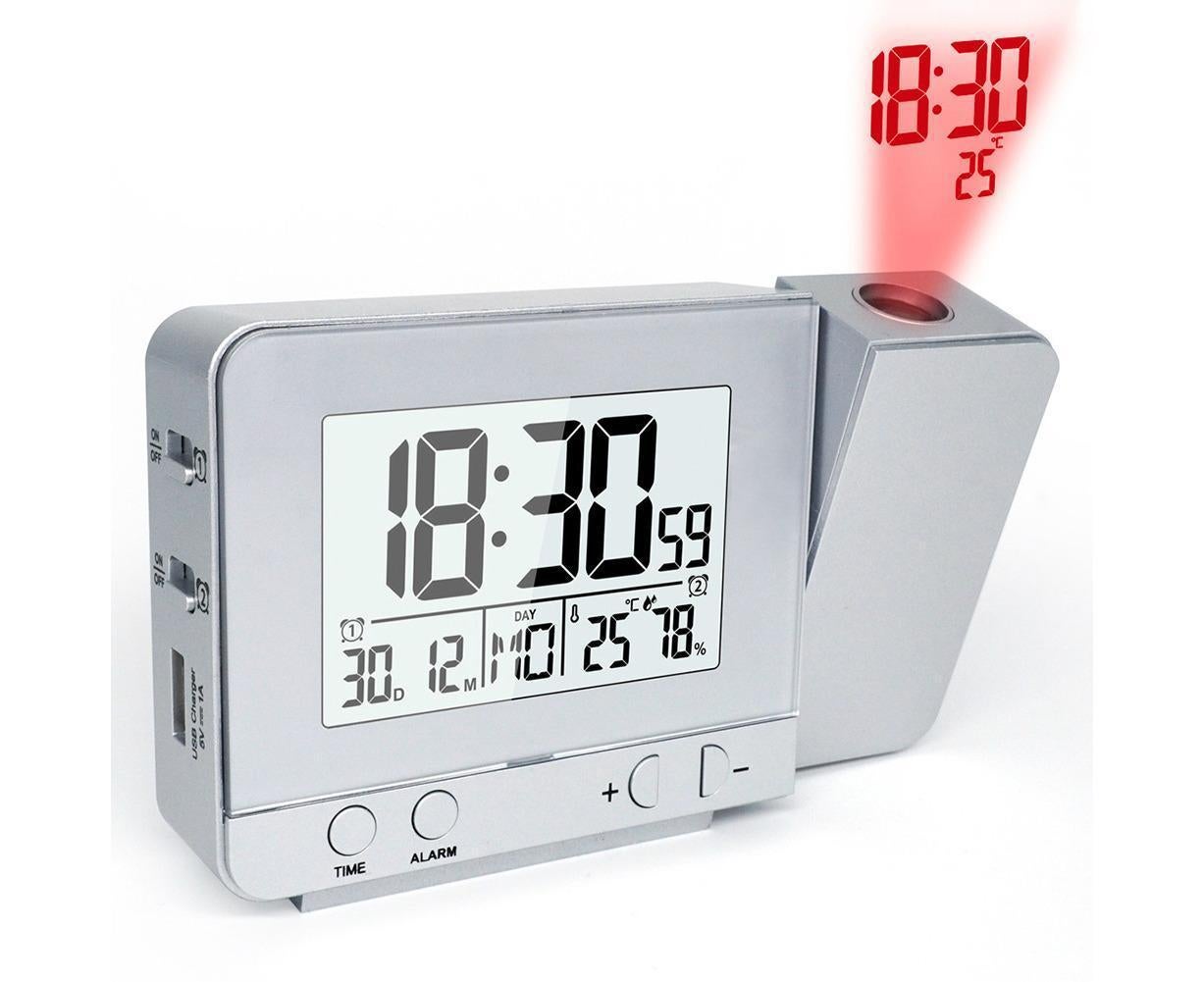 Desk Snooze LED Digital Backlight Date Function USB Charge Alarm Clock Projector-Silver - Silver - Image 1