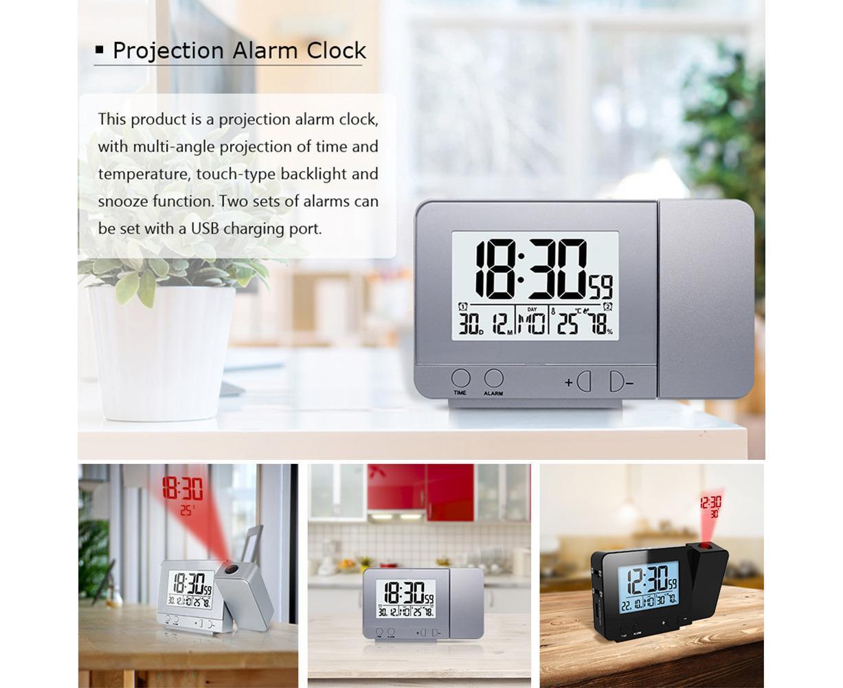 Desk Snooze LED Digital Backlight Date Function USB Charge Alarm Clock Projector-Silver - Silver - Image 2