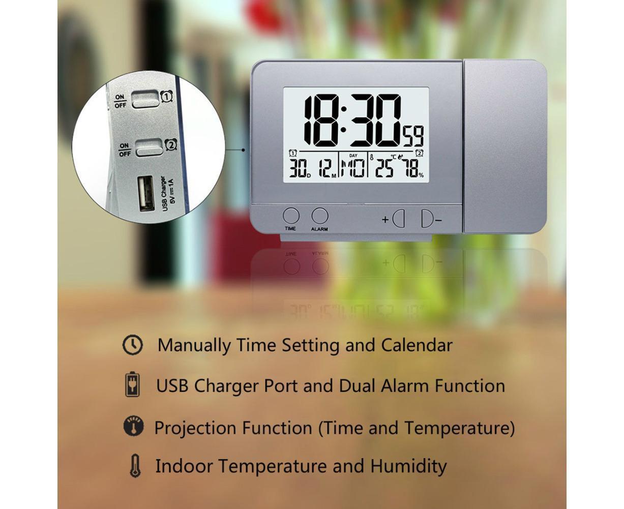 Desk Snooze LED Digital Backlight Date Function USB Charge Alarm Clock Projector-Silver - Silver - Image 3
