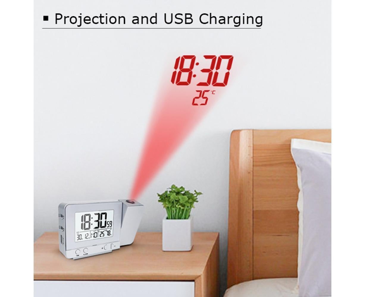 Desk Snooze LED Digital Backlight Date Function USB Charge Alarm Clock Projector-Silver - Silver - Image 4