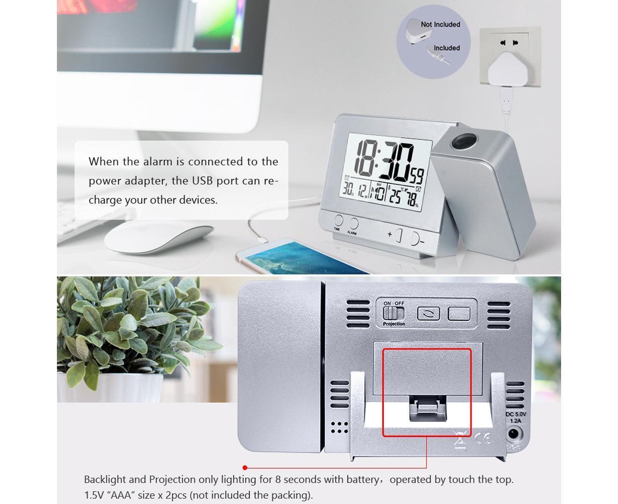 Desk Snooze LED Digital Backlight Date Function USB Charge Alarm Clock Projector-Silver - Silver - Image 6