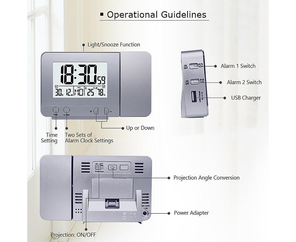 Desk Snooze LED Digital Backlight Date Function USB Charge Alarm Clock Projector-Silver - Silver - Image 7