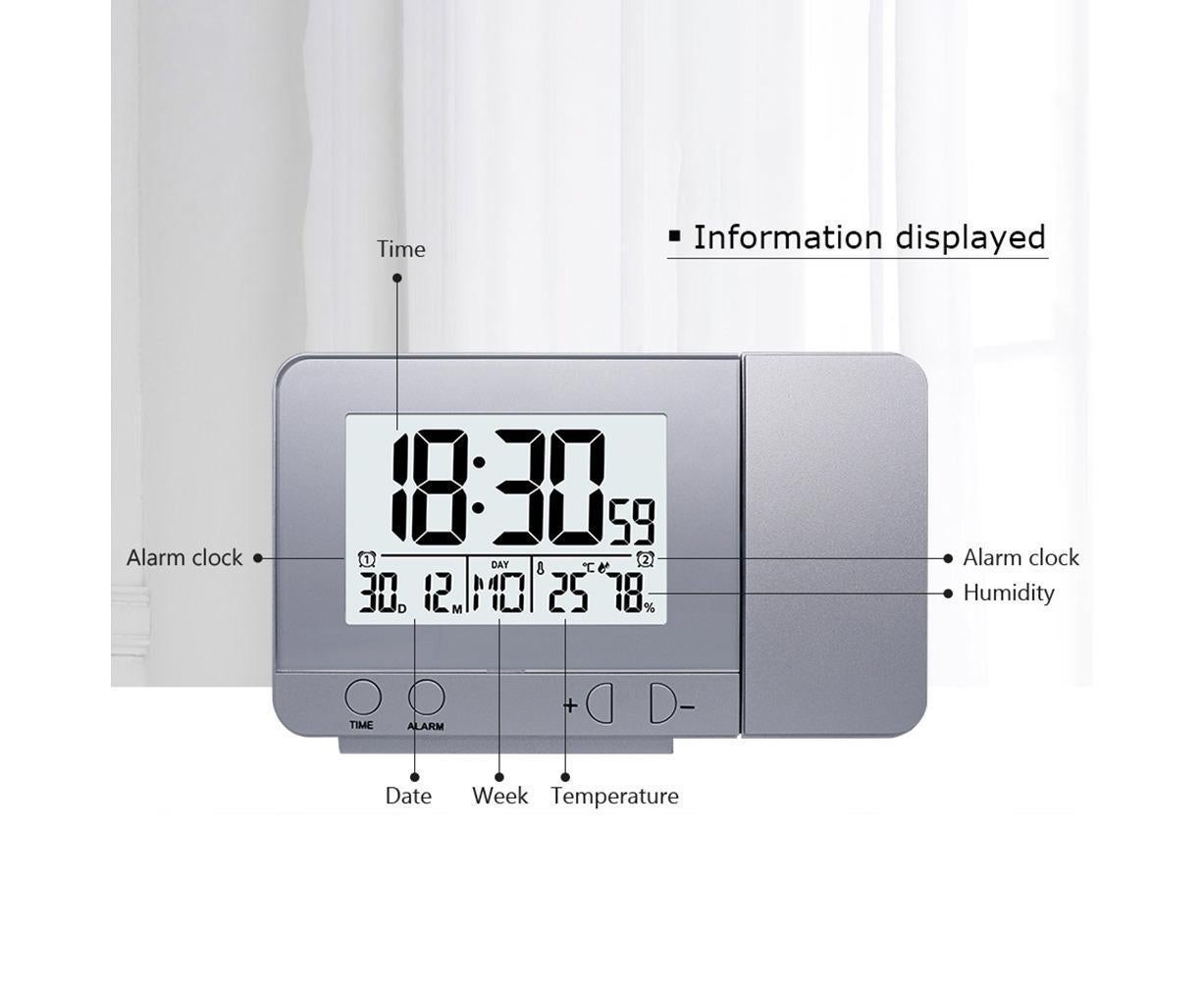 Desk Snooze LED Digital Backlight Date Function USB Charge Alarm Clock Projector-Silver - Silver - Image 8