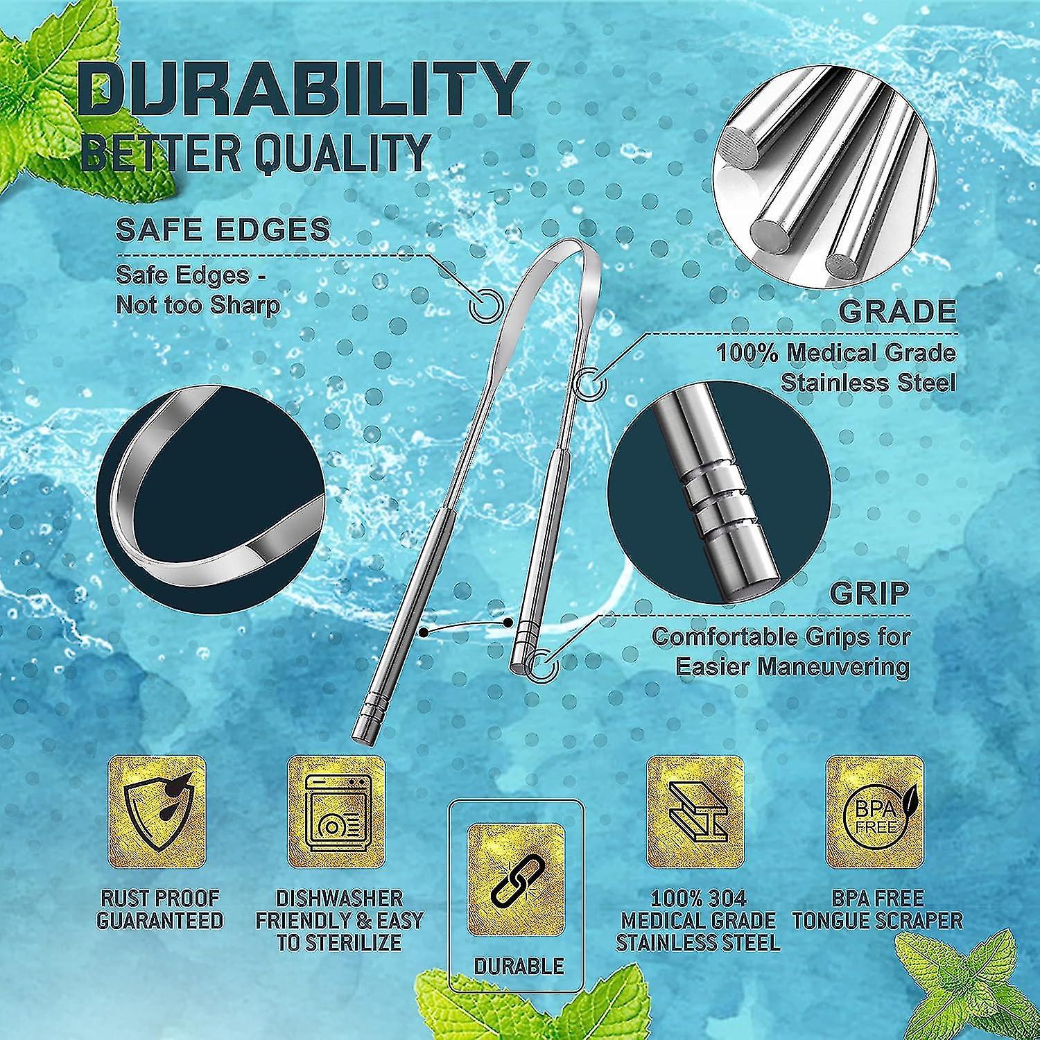 2PCS Medical Grade Stainless Steel Tongue Scrapers, Metal Tongue Cleaner for Adults - Image 2