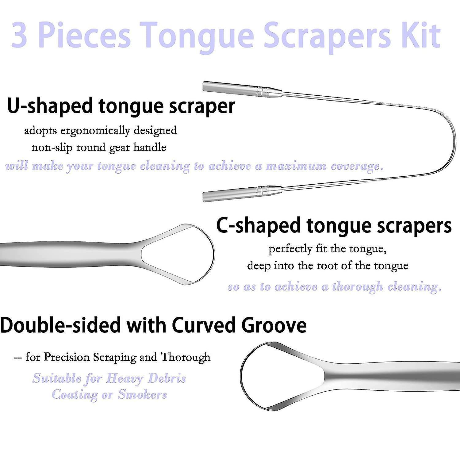 3 Pack Tongue Scrapers with Case, Stainless Steel Tongue Cleaner for Adults & Babies - Image 2