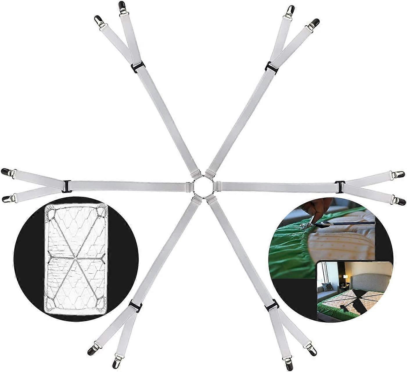 6-Way White Adjustable Bed Sheet Holder Straps, Fit Twin/Full/Queen/King - Image 1