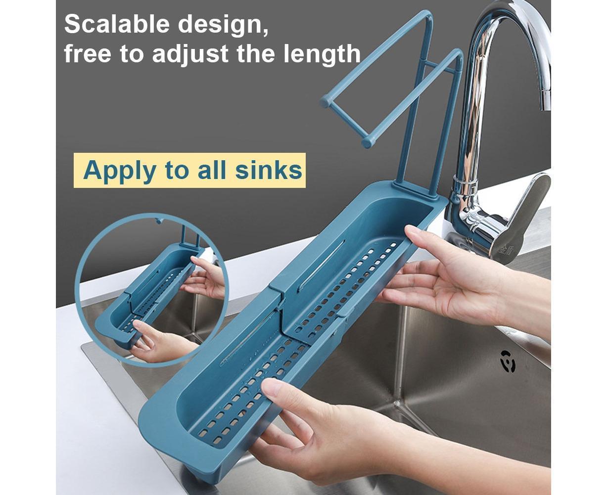 Home Kitchen Telescopic Sink Storage Tray Rack Holder Expandable Drain Basket-Blue - Image 2