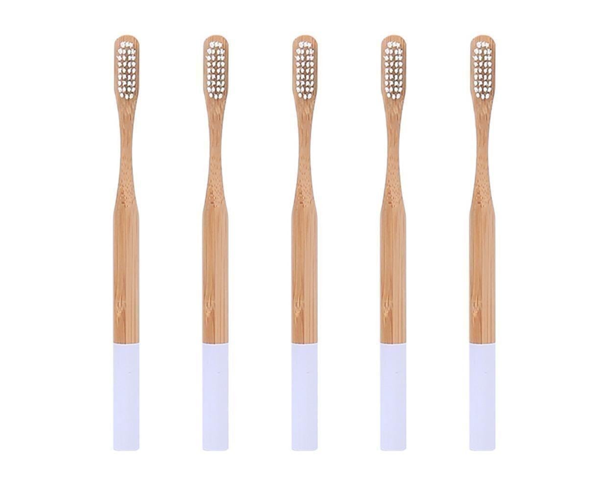 5Pcs Round Bamboo Handle Home Travel Adult Soft Bristles Dental Care Toothbrush-White - Image 1