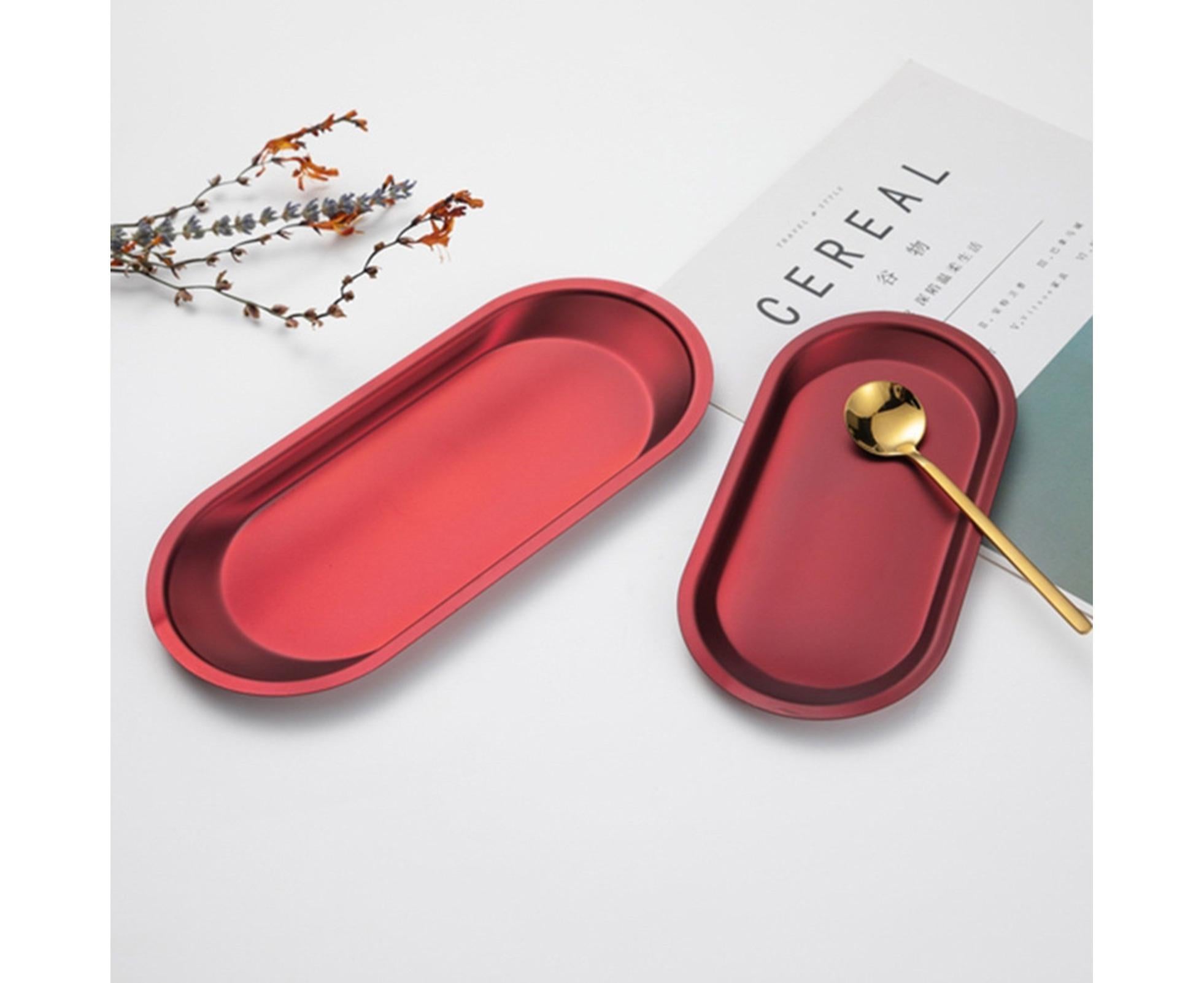 Storage Tray Mini Portable Oval Stainless Steel Towel Tray for Household-Red L - Image 2