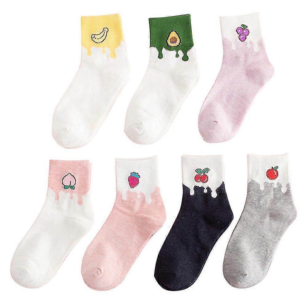 7 Pairs Girls Cotton Anti-Slip Tube Socks Banana Avocado Novelty Pattern - Image 2