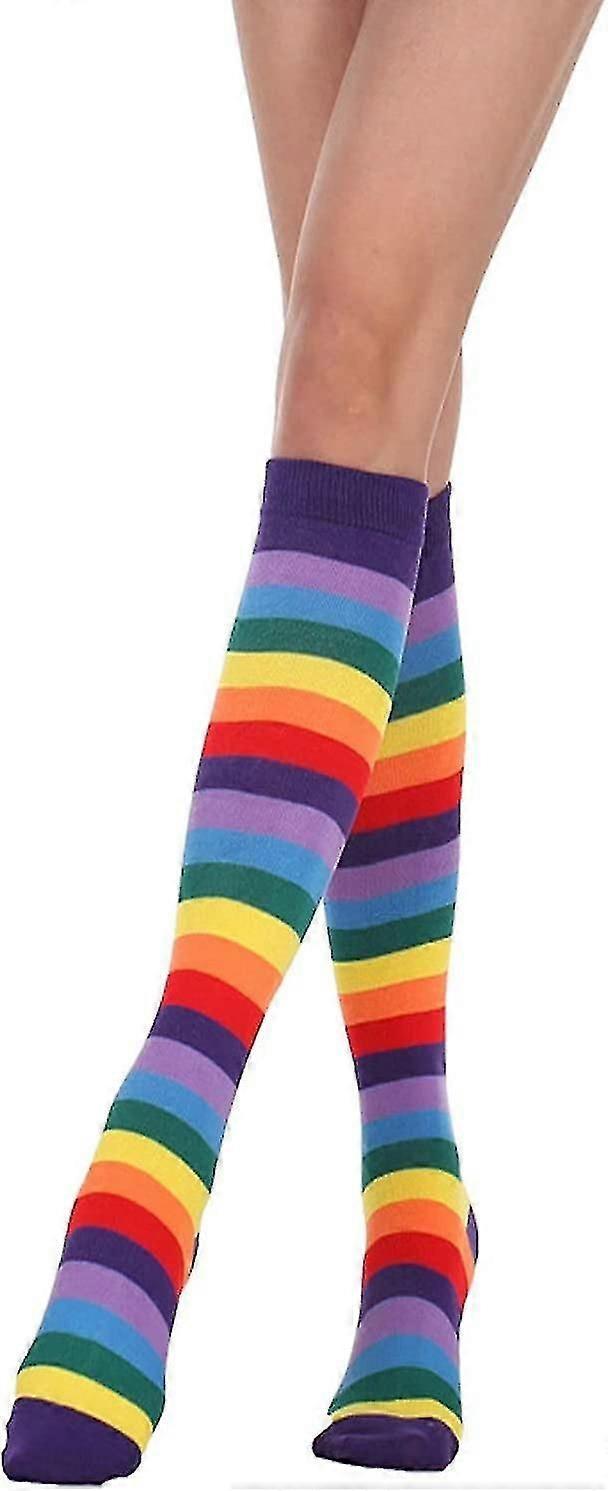 Rainbow Long Tube Socks Colorful Striped High Knee Socks for Women - Image 1