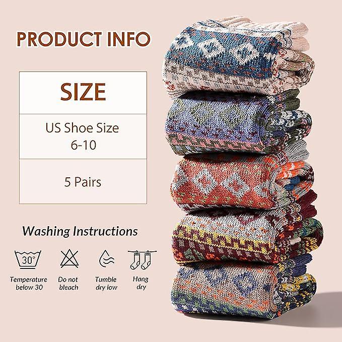 5 Pairs Wool Socks for Women Boot Crew Cozy Soft Warm Winter Socks - Image 2