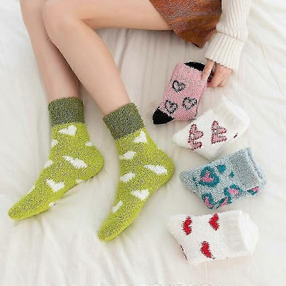 5 Pairs Fluffy Coral Fleece Socks Women's Slipper Socks Love Pattern - Image 4