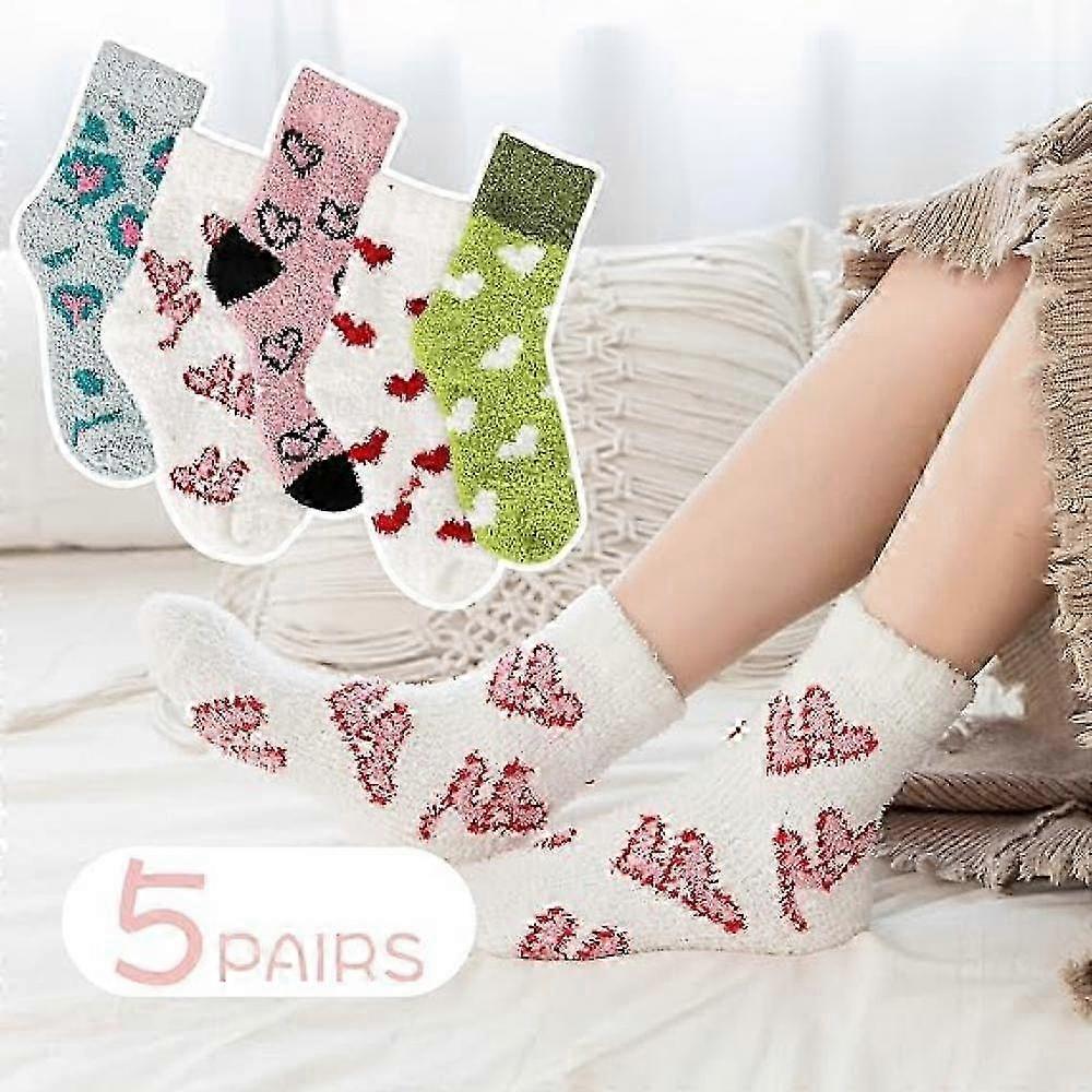 5 Pairs Fluffy Coral Fleece Socks Women's Slipper Socks Love Pattern - Image 5