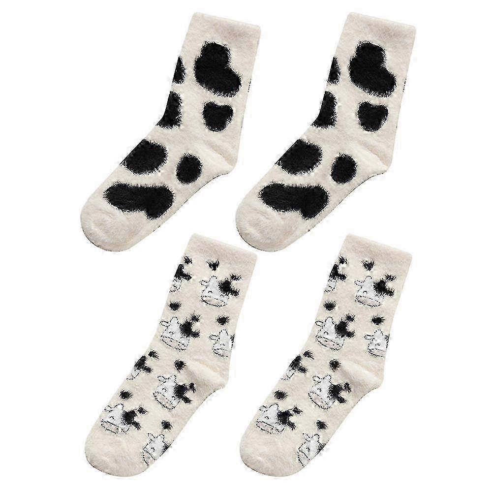 2 Pairs Women's Kawaii Aloe Slipper Socks Cow Print Indoor House Socks - Image 1