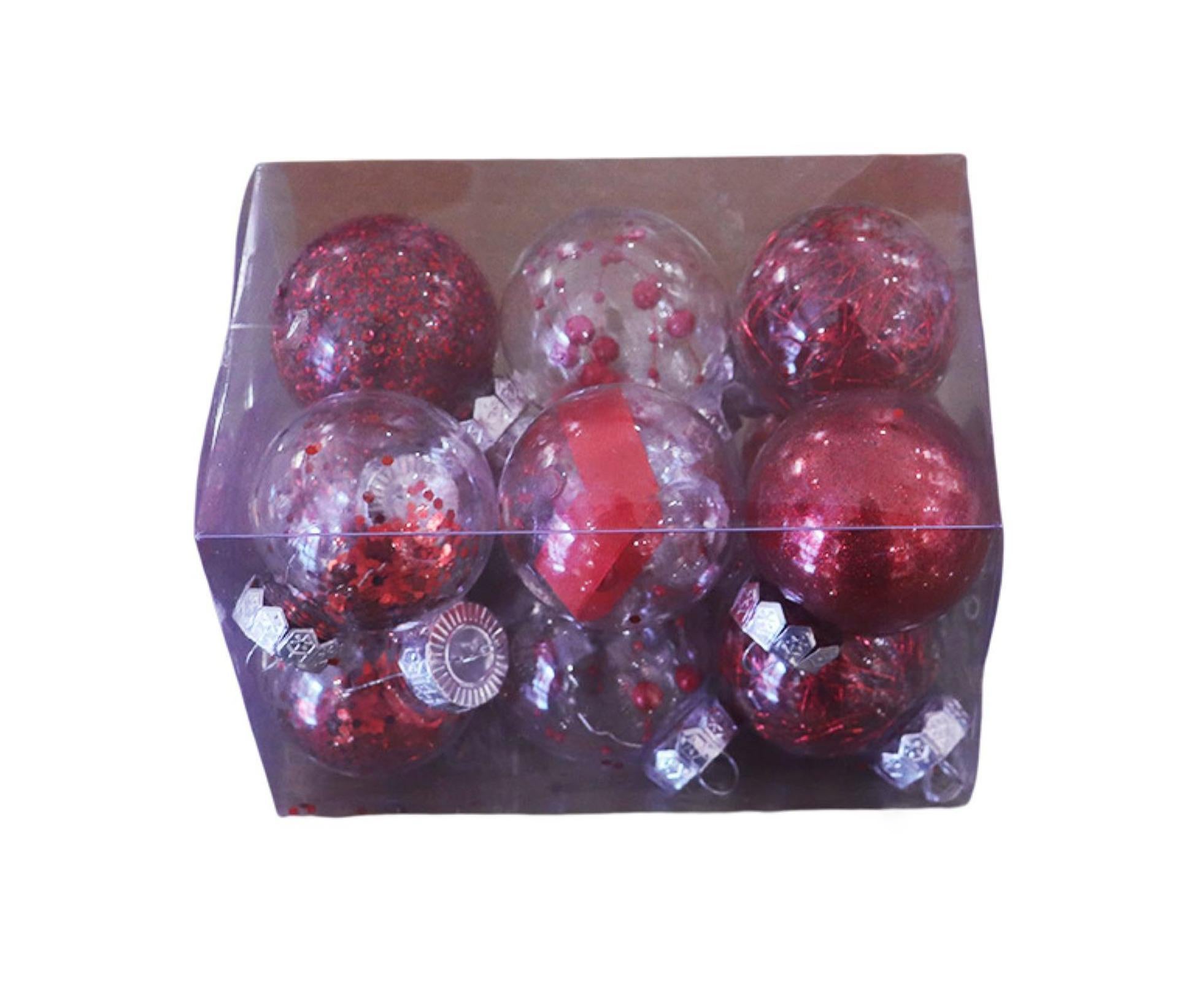 12Pcs/Box 6cm Christmas Ball Multi-Glitter Powder Hanging-Red - Image 1
