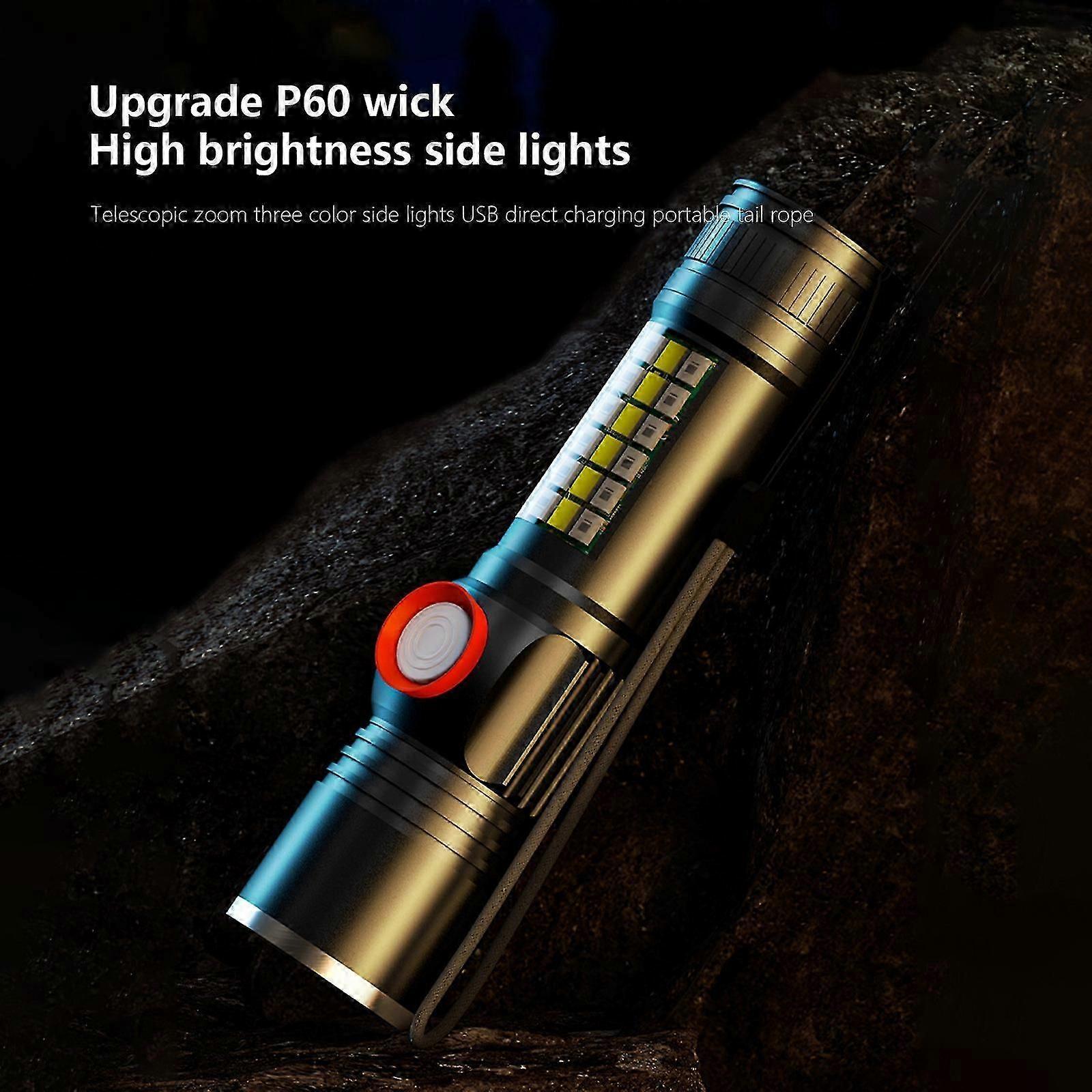 USB Rechargeable LED Flashlight with Sidelight Zoomable Mini Camping Tactical Torch - Image 5