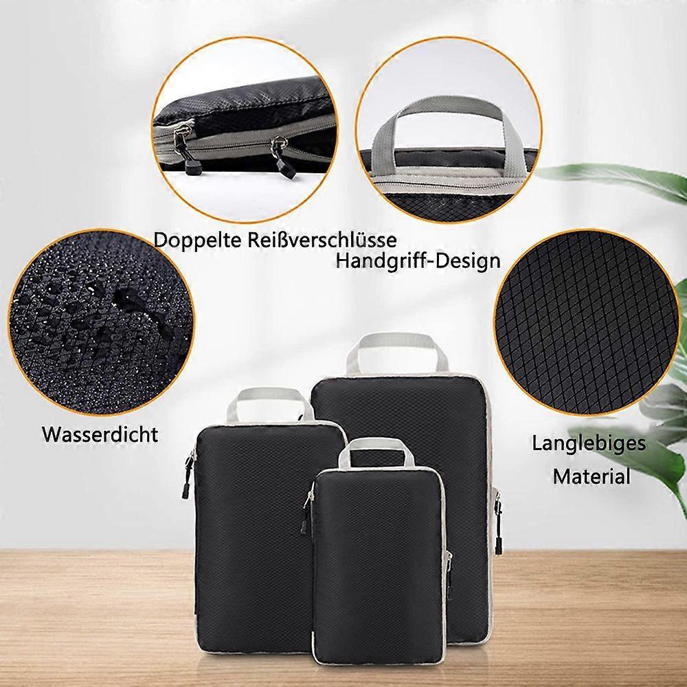 3pcs Compression Packing Cubes Suitcase Organiser Luggage Storage Bags - Black - Image 4