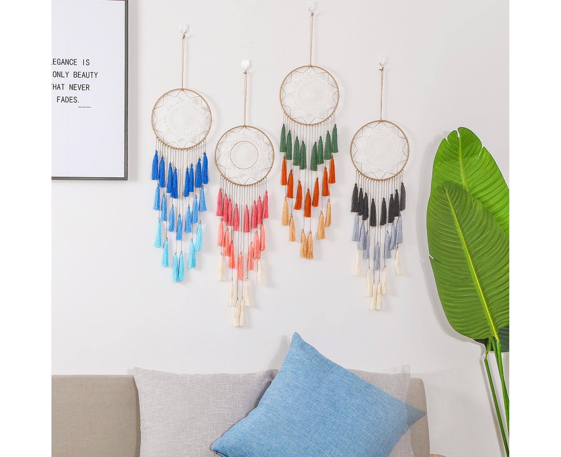 Round Handmade Wall Hanging Wind Chime Dream Catcher with Tassel Home Decor-Purple - Image 2