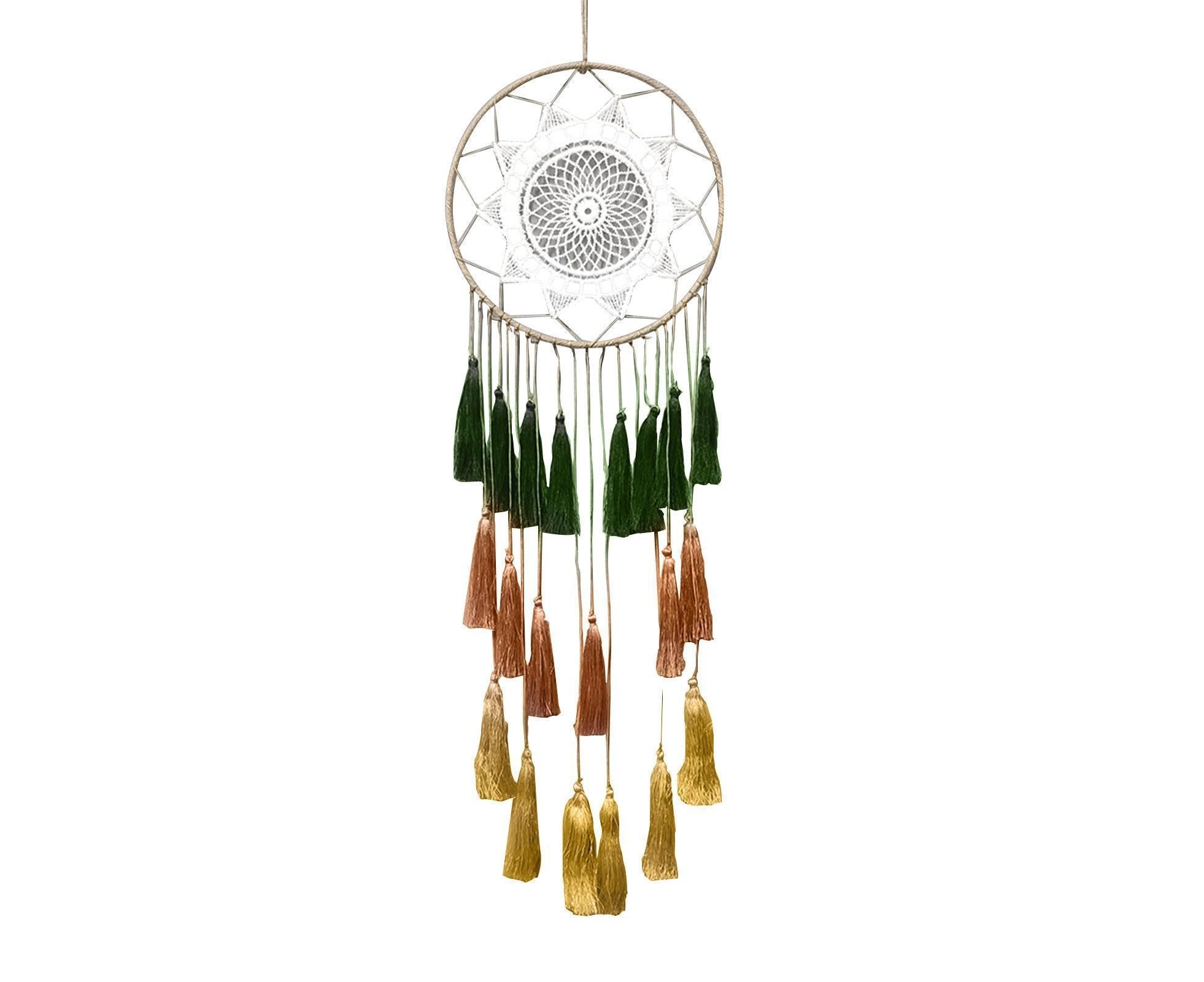 Round Handmade Wall Hanging Wind Chime Dream Catcher with Tassel Home Decor-Green Coffee* - Image 1