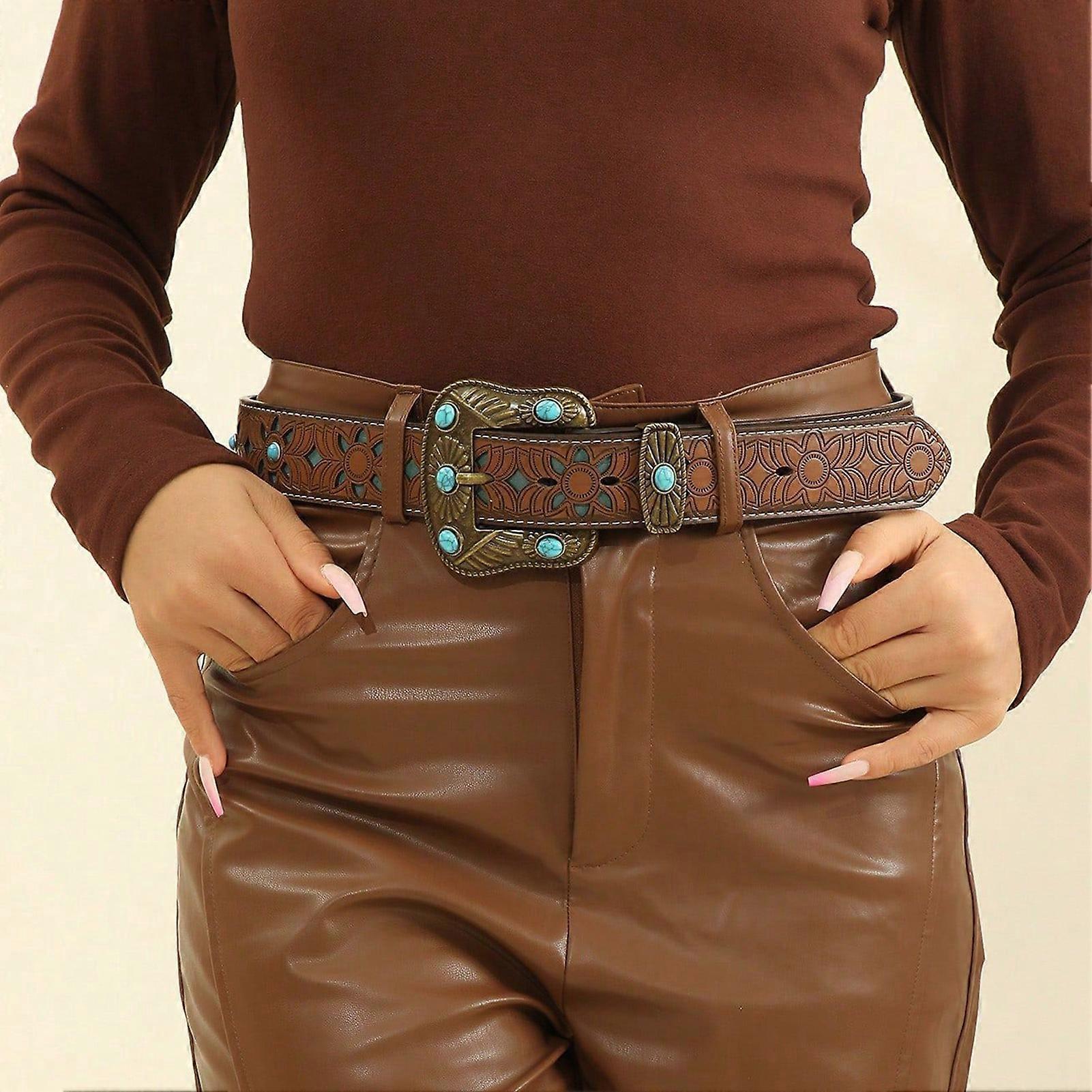 125cm Women's Carved Antique PU Leather Belt for Casual Wear - Image 3