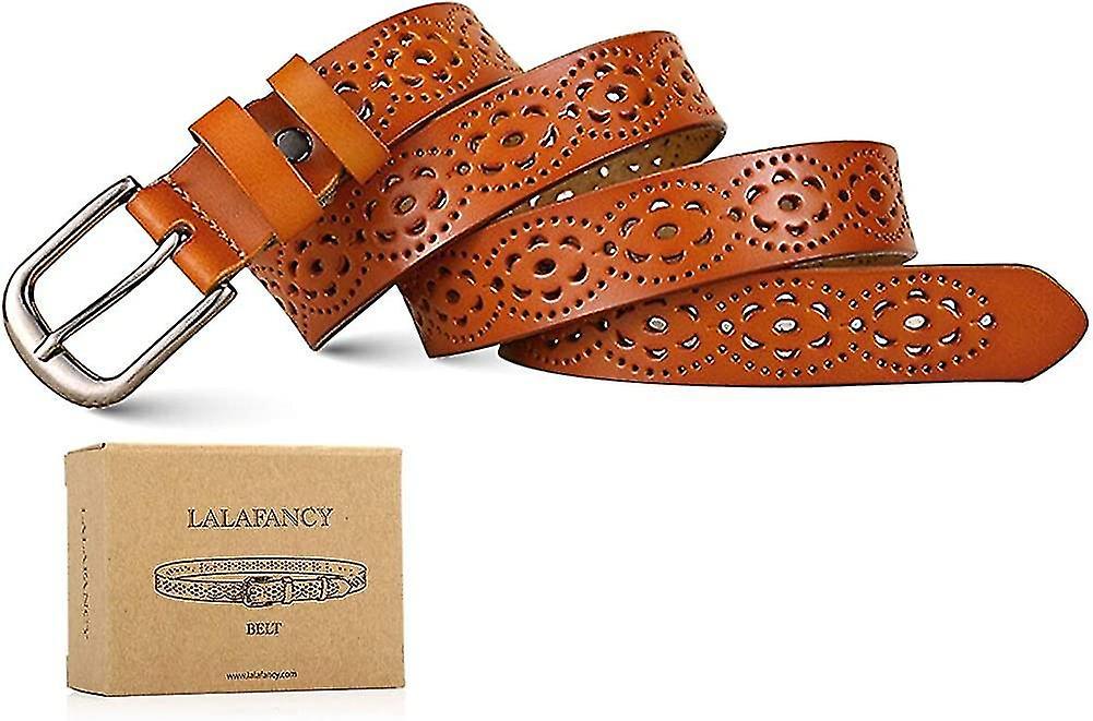 110cm Genuine Cowhide Leather Belt for Women, Hollow Flower Design - Image 2