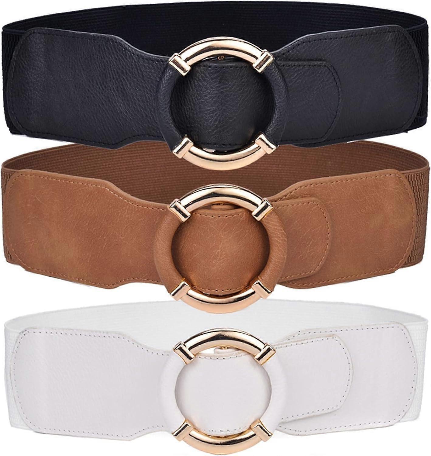 Women's Dress Elastic Wide Belt with Metal Buckle, Khaki/White/Black 90-130cm - Image 2