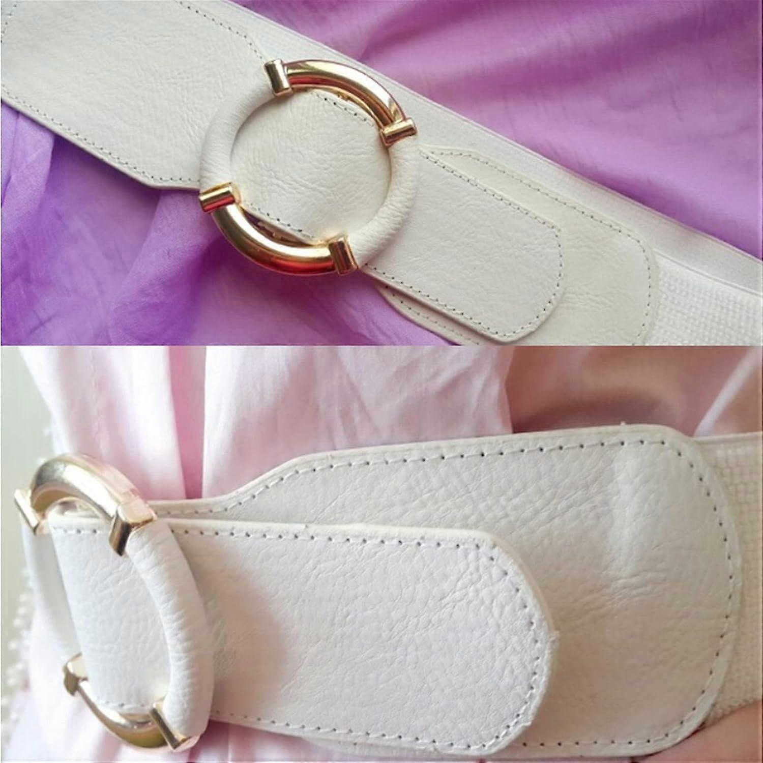 Women's Dress Elastic Wide Belt with Metal Buckle, Khaki/White/Black 90-130cm - Image 3