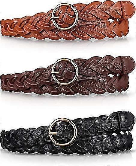 3pcs Women's Skinny Braided Leather Belts with O-Ring Buckle - Image 1