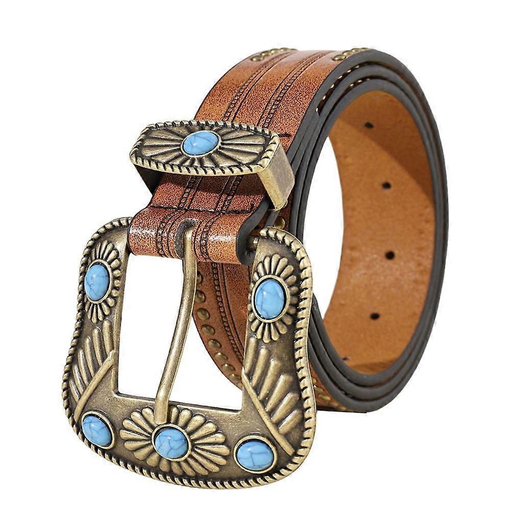 Vintage Western Leather Belt with Cowboy Turquoise Buckle - Image 1