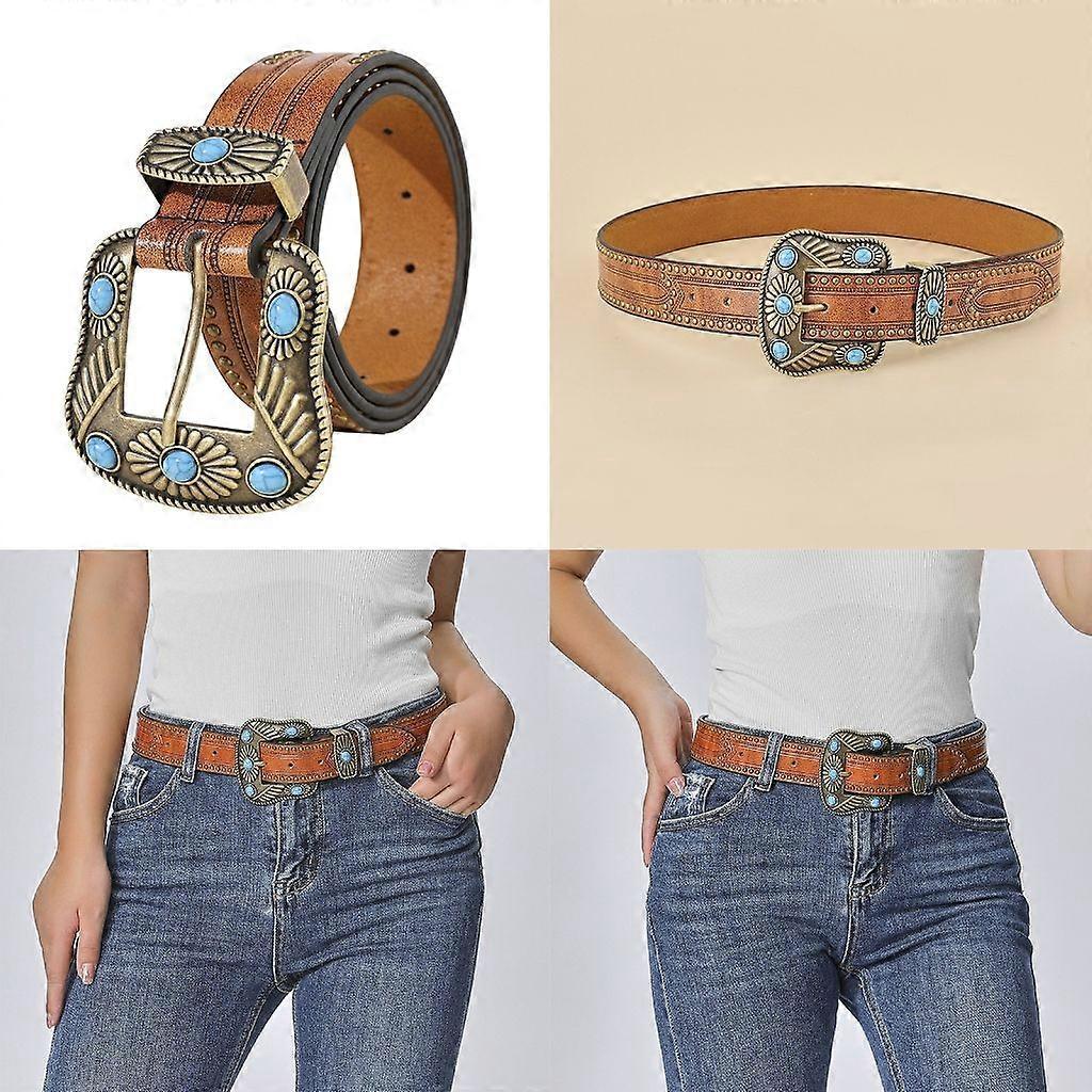 Vintage Western Leather Belt with Cowboy Turquoise Buckle - Image 2