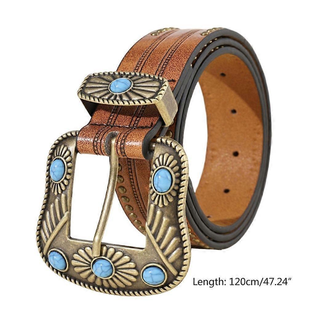 Vintage Western Leather Belt with Cowboy Turquoise Buckle - Image 3
