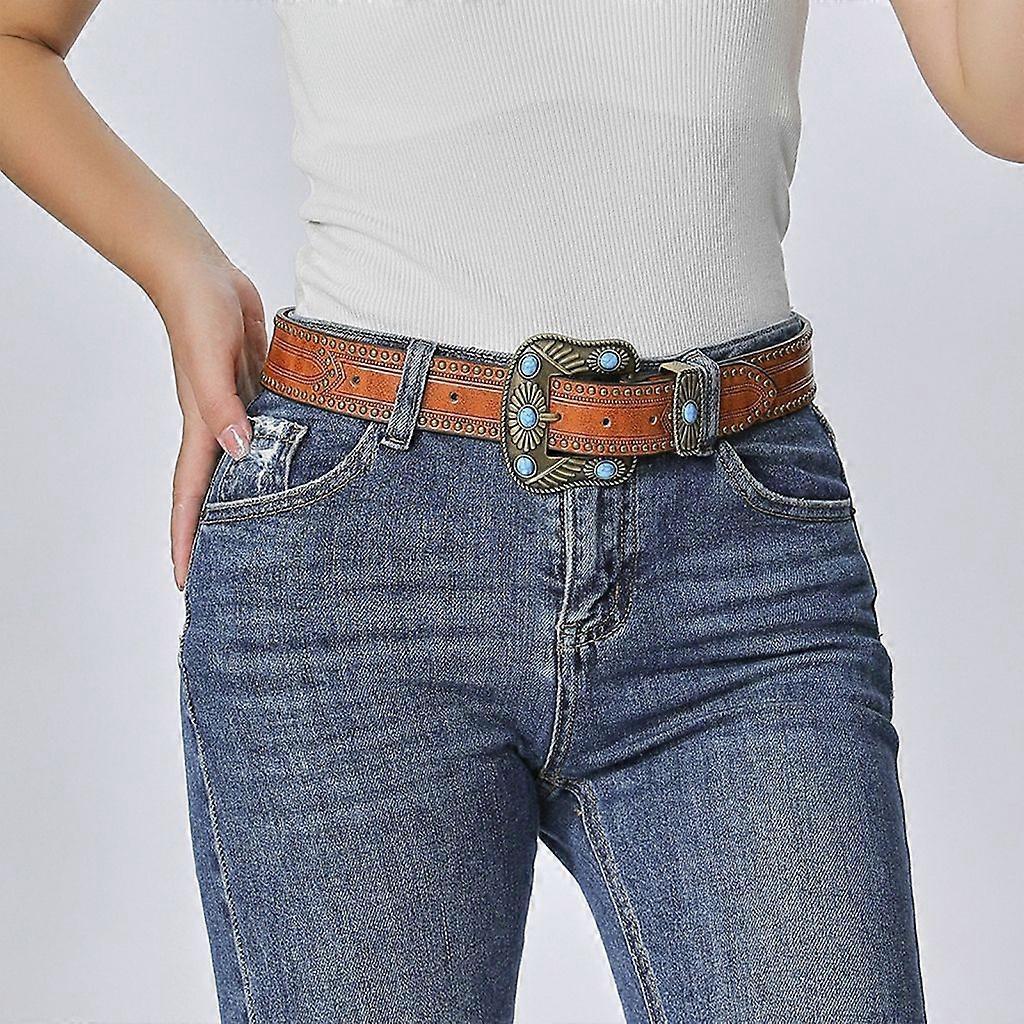 Vintage Western Leather Belt with Cowboy Turquoise Buckle - Image 4