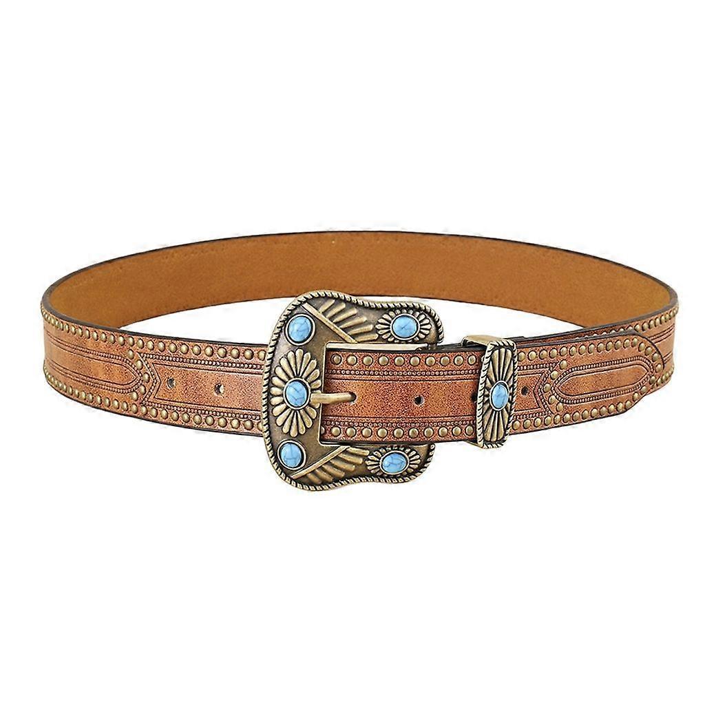 Vintage Western Leather Belt with Cowboy Turquoise Buckle - Image 5
