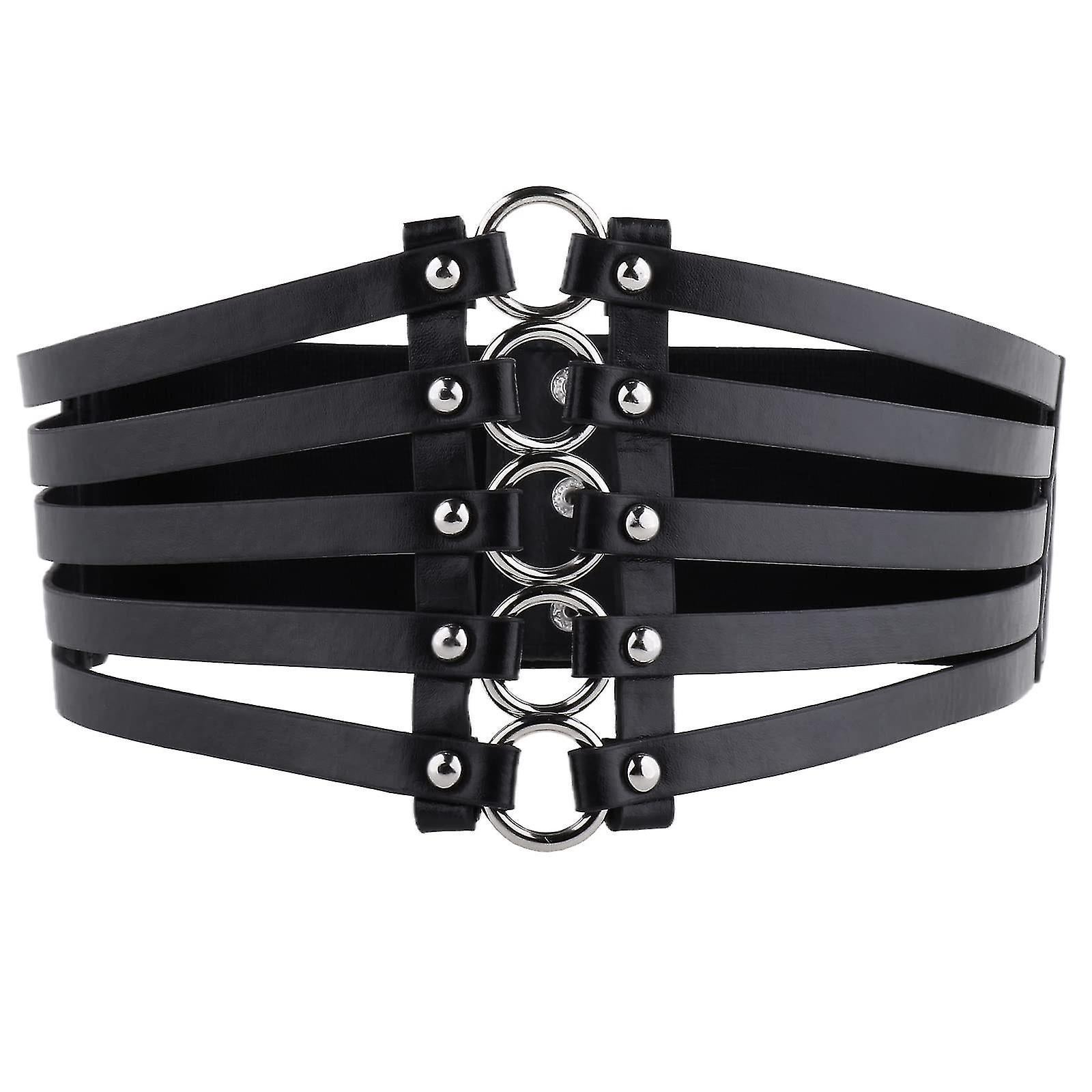 Women's Gothic Punk Wide Faux Leather Corset Waist Belt with Rivets - Image 1