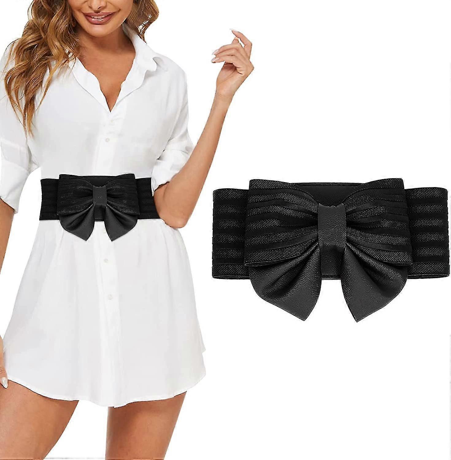 Women's Faux Leather Wide Belt with Bow, Elastic Waistband - Image 1