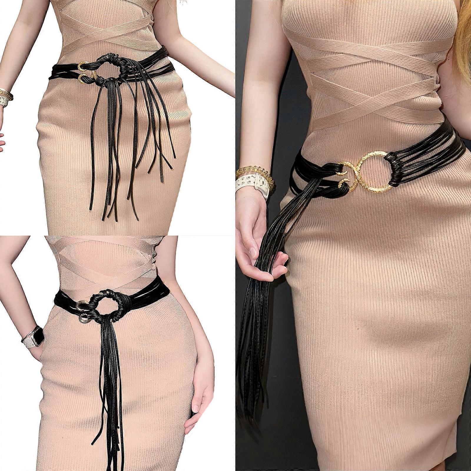 Retro Unisex Tassel Leather Belt with Hollow Out Waistband for Casual or Business - Image 2
