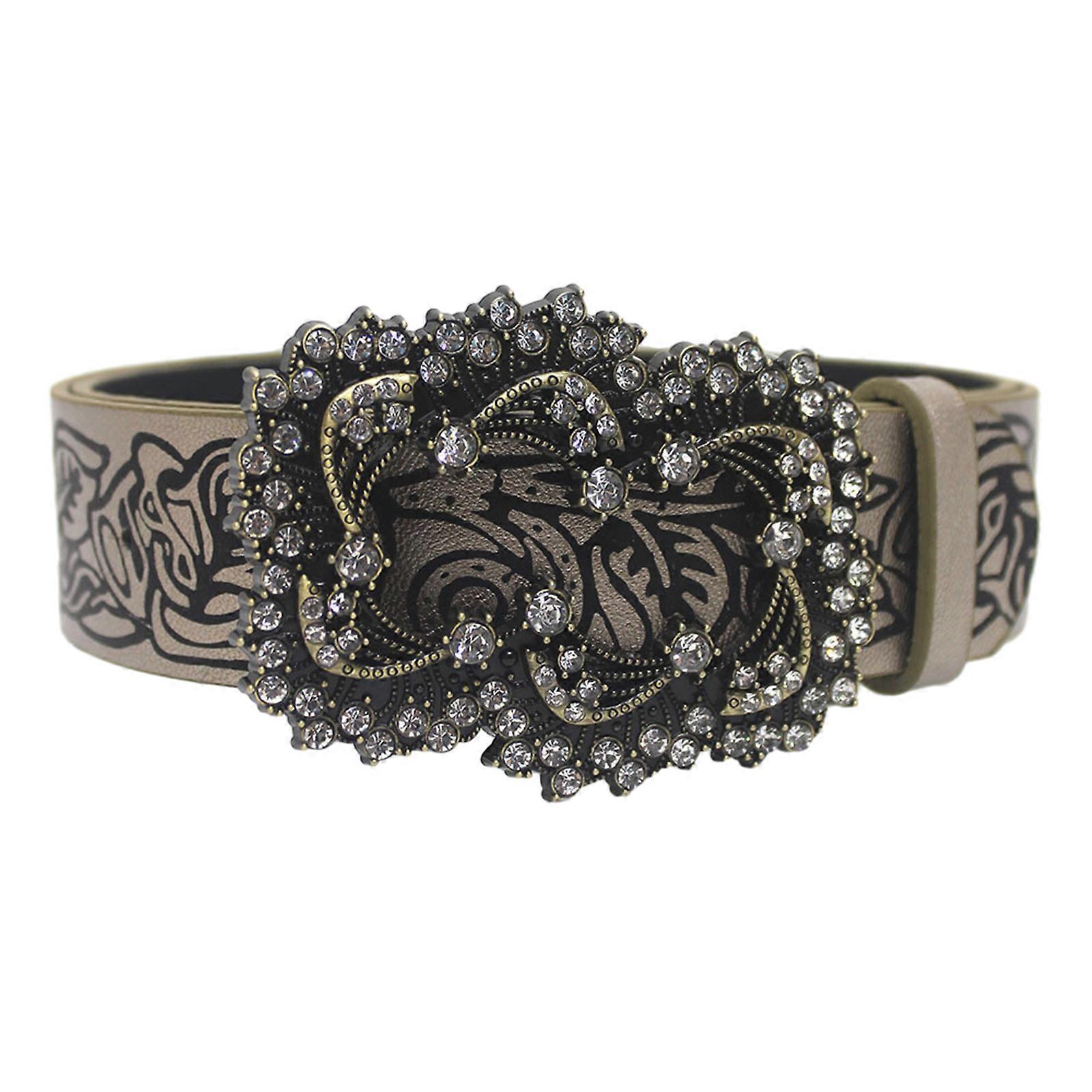 Women's Coffee Vintage Floral Embossed Leather Dress Jeans Belt - Image 1