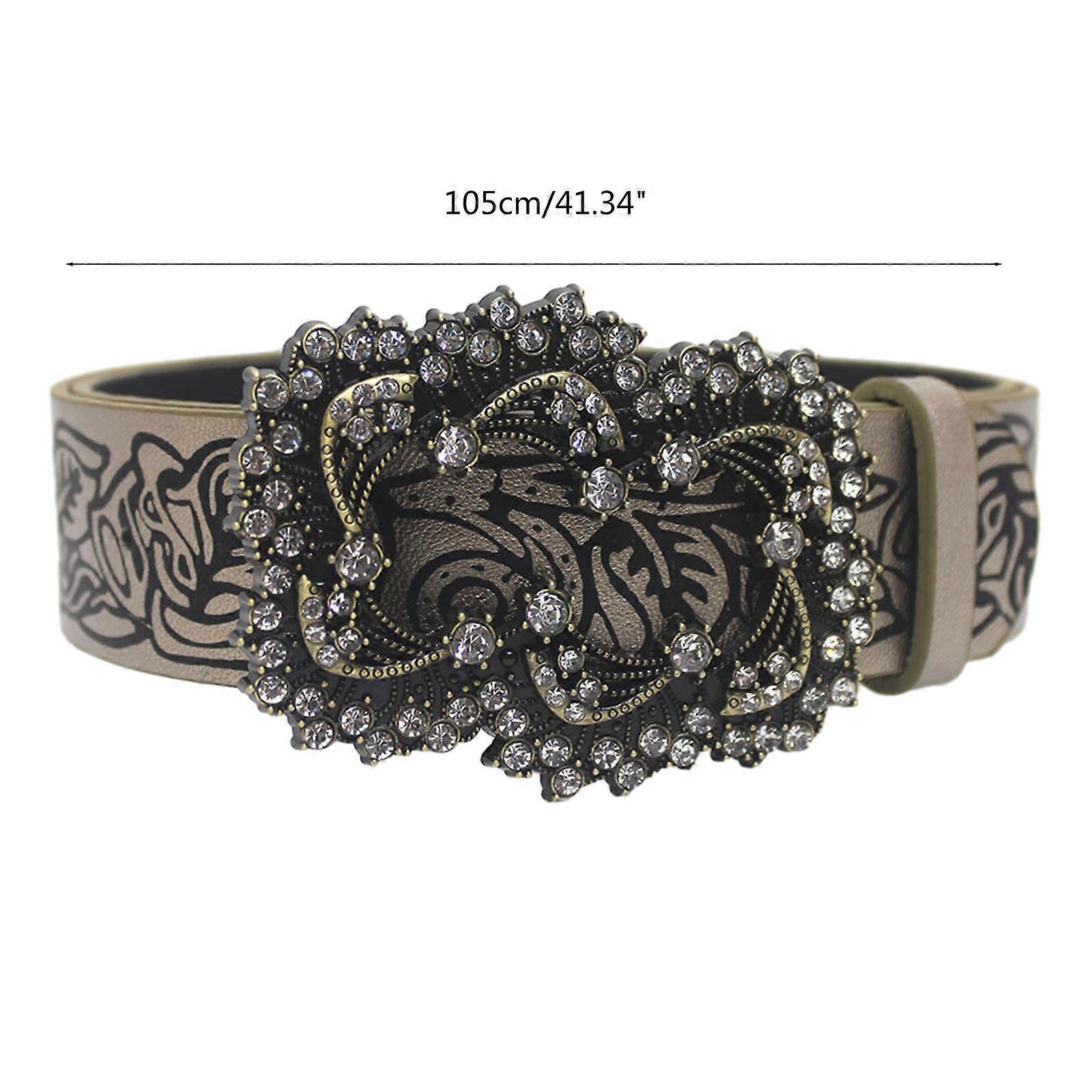 Women's Coffee Vintage Floral Embossed Leather Dress Jeans Belt - Image 3