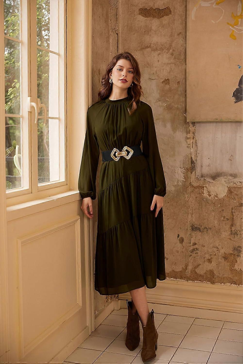 Women's 95cm Wide Elastic Stretch Leather Dress Belt with Gold Buckle - Image 3