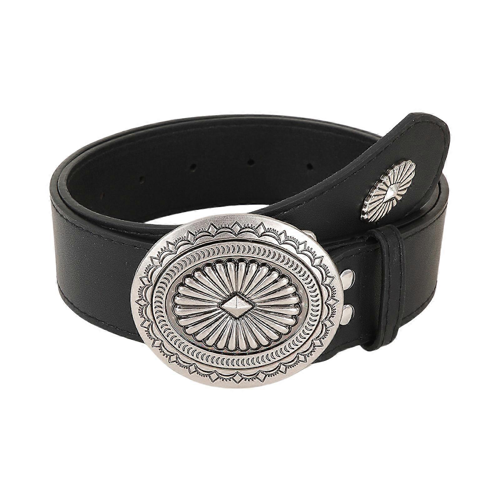 Vintage Adjustable Leather Wide Belt, Western Style with Aluminum Buckle Black - Image 1