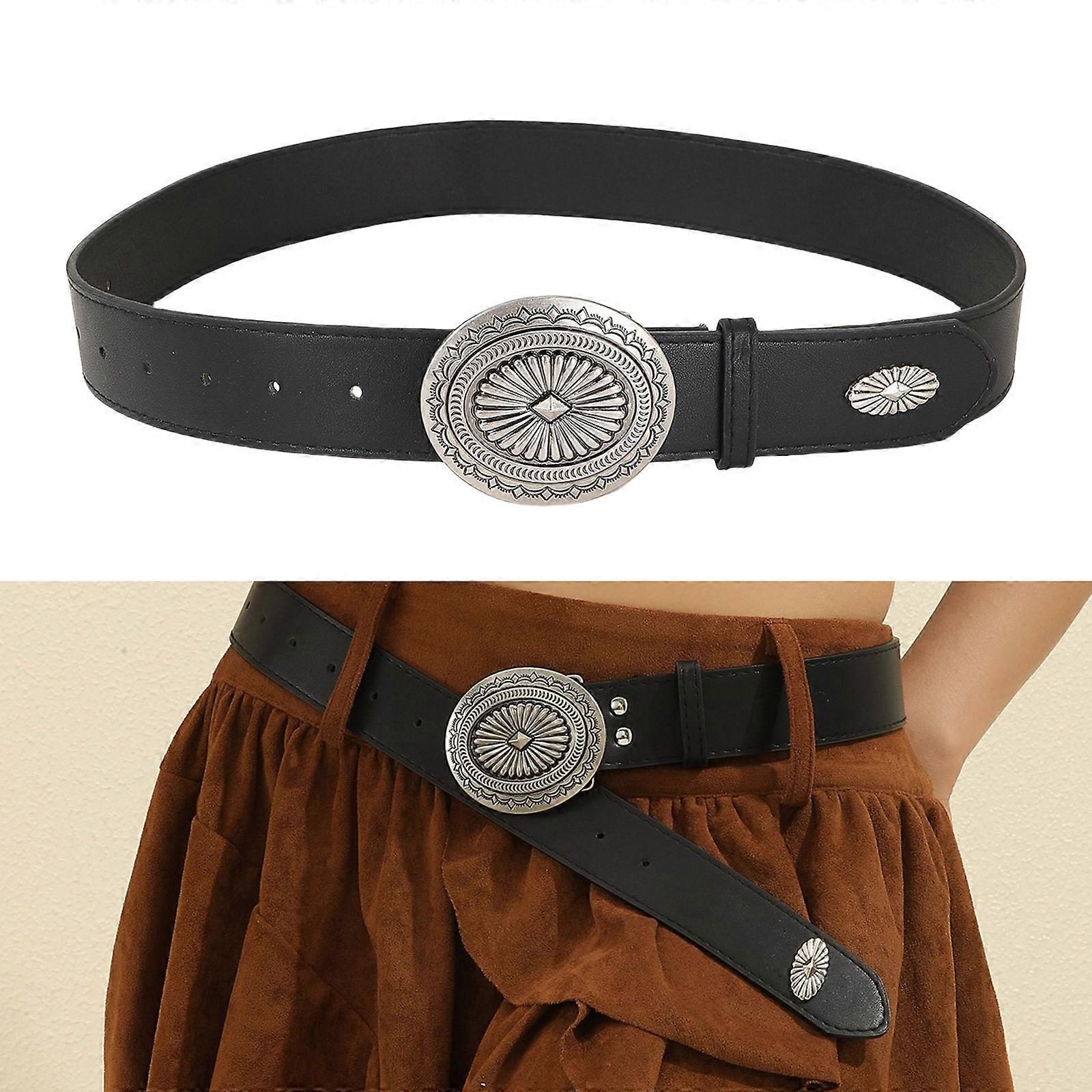 Vintage Adjustable Leather Wide Belt, Western Style with Aluminum Buckle Black - Image 2